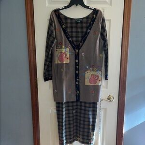 RARE! VTG-Papy Boez-80’s/90’s-S/M-Brown& black plaid,embroidered,patchwork,dress
